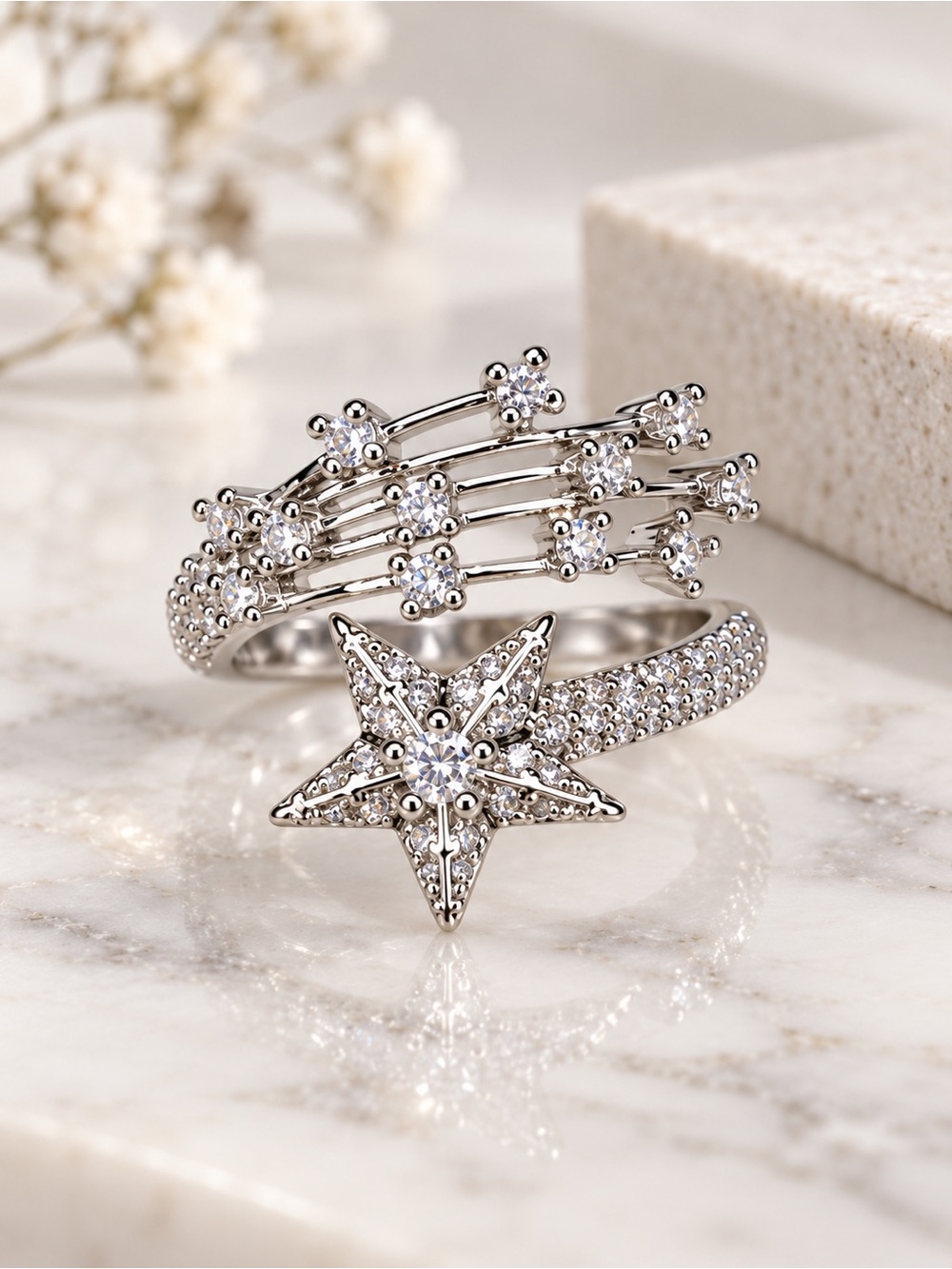 Silver Celestial Star Wrap Ring Rhinestone Statement Ring